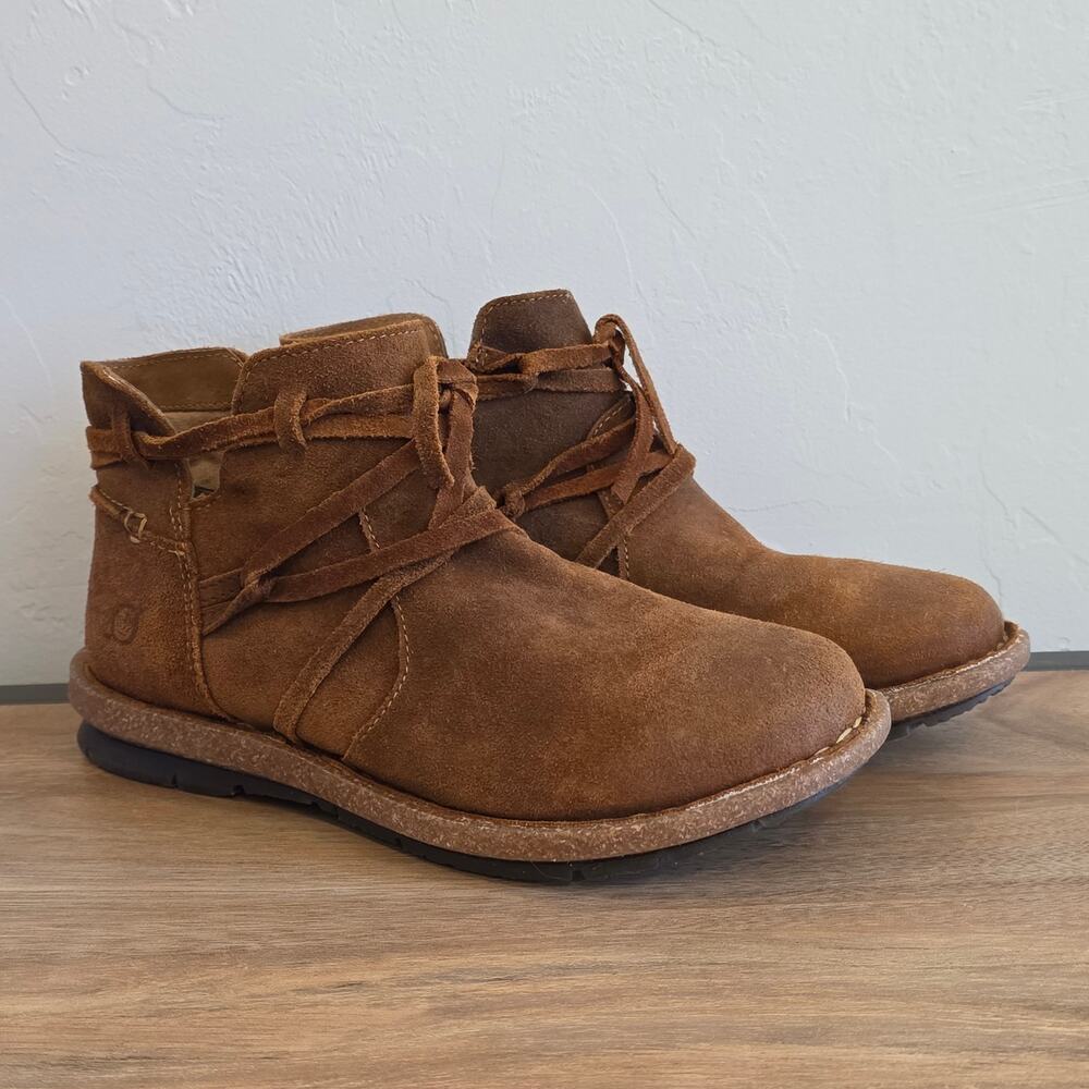 Born Tarkiln Ankle Boots Womens 6.5 Brown Suede Wrap Lace Side Zip Comfort